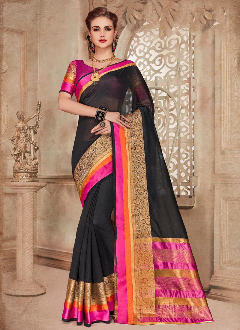 Silk Party Wear Border Work Saree- black - Indian Clothing in Denver, CO, Aurora, CO, Boulder, CO, Fort Collins, CO, Colorado Springs, CO, Parker, CO, Highlands Ranch, CO, Cherry Creek, CO, Centennial, CO, and Longmont, CO. Nationwide shipping USA - India Fashion X