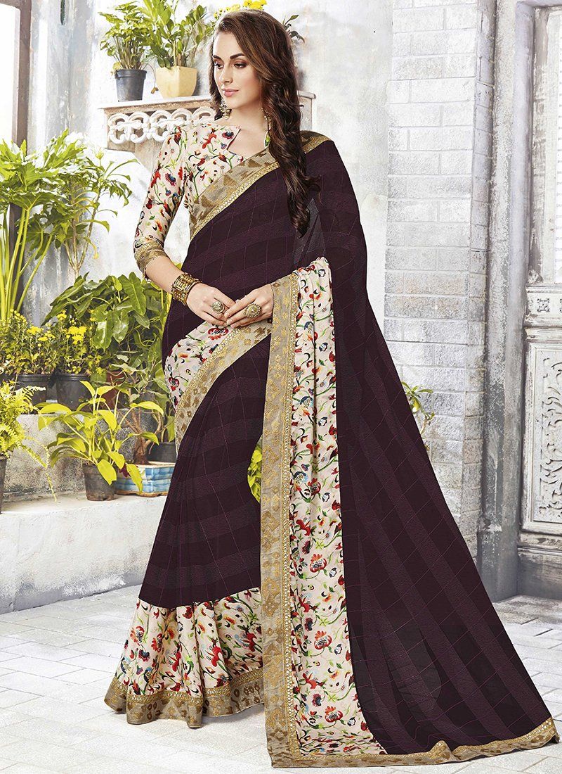 Catelog 6650: casual floral print trim sarees - brown 2 - Indian Clothing in Denver, CO, Aurora, CO, Boulder, CO, Fort Collins, CO, Colorado Springs, CO, Parker, CO, Highlands Ranch, CO, Cherry Creek, CO, Centennial, CO, and Longmont, CO. Nationwide shipping USA - India Fashion X