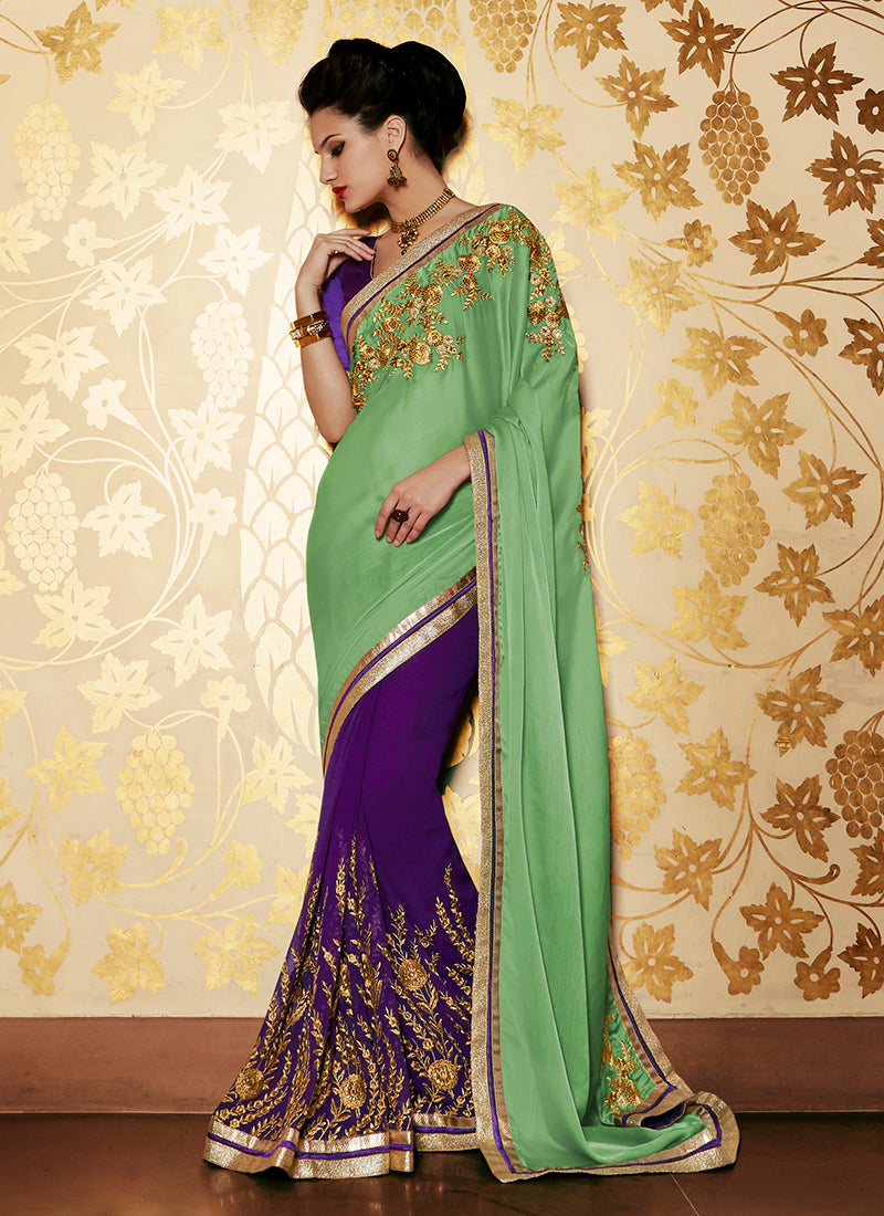 Multi Colour Party Wear Embroidered Work Saree- green - Indian Clothing in Denver, CO, Aurora, CO, Boulder, CO, Fort Collins, CO, Colorado Springs, CO, Parker, CO, Highlands Ranch, CO, Cherry Creek, CO, Centennial, CO, and Longmont, CO. Nationwide shipping USA - India Fashion X