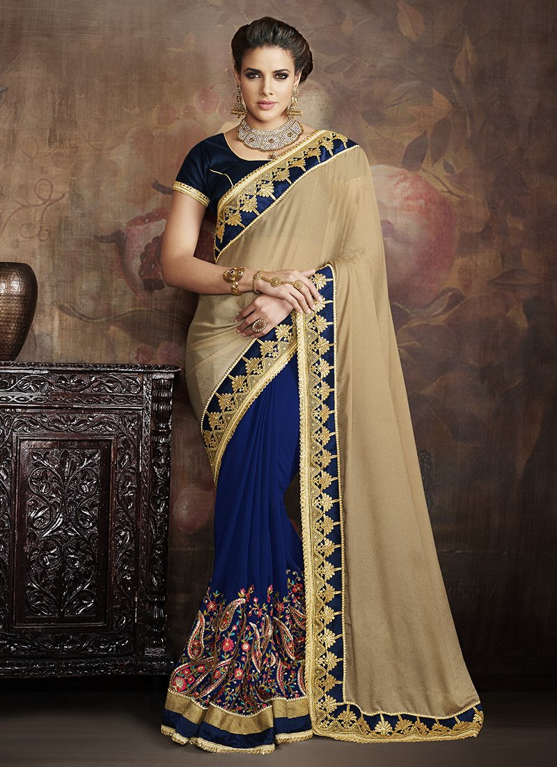 Georgette Formal Wear Embroidered Work Saree  - navy - Indian Clothing in Denver, CO, Aurora, CO, Boulder, CO, Fort Collins, CO, Colorado Springs, CO, Parker, CO, Highlands Ranch, CO, Cherry Creek, CO, Centennial, CO, and Longmont, CO. Nationwide shipping USA - India Fashion X