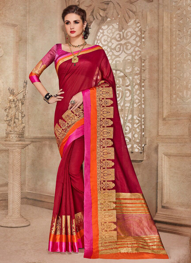 Silk Party Wear Border Work Saree- maroon pink - Indian Clothing in Denver, CO, Aurora, CO, Boulder, CO, Fort Collins, CO, Colorado Springs, CO, Parker, CO, Highlands Ranch, CO, Cherry Creek, CO, Centennial, CO, and Longmont, CO. Nationwide shipping USA - India Fashion X