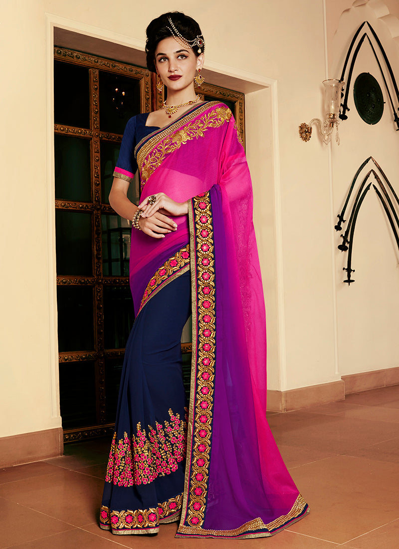 Multi Colour Party Wear Embroidered Work Saree- rani - Indian Clothing in Denver, CO, Aurora, CO, Boulder, CO, Fort Collins, CO, Colorado Springs, CO, Parker, CO, Highlands Ranch, CO, Cherry Creek, CO, Centennial, CO, and Longmont, CO. Nationwide shipping USA - India Fashion X
