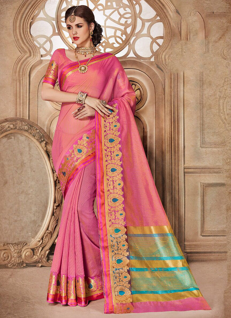 Silk Party Wear Border Work Saree- pink green - Indian Clothing in Denver, CO, Aurora, CO, Boulder, CO, Fort Collins, CO, Colorado Springs, CO, Parker, CO, Highlands Ranch, CO, Cherry Creek, CO, Centennial, CO, and Longmont, CO. Nationwide shipping USA - India Fashion X