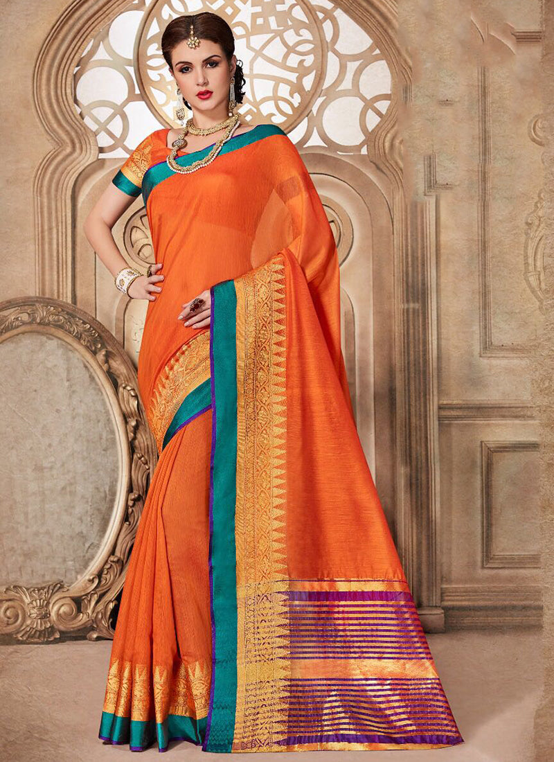 Silk Party Wear Border Work Saree- orange - Indian Clothing in Denver, CO, Aurora, CO, Boulder, CO, Fort Collins, CO, Colorado Springs, CO, Parker, CO, Highlands Ranch, CO, Cherry Creek, CO, Centennial, CO, and Longmont, CO. Nationwide shipping USA - India Fashion X