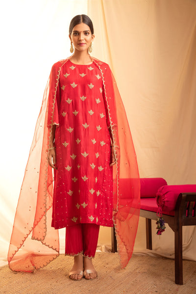 Red Embroidered Kurta Set - Indian Clothing in Denver, CO, Aurora, CO, Boulder, CO, Fort Collins, CO, Colorado Springs, CO, Parker, CO, Highlands Ranch, CO, Cherry Creek, CO, Centennial, CO, and Longmont, CO. Nationwide shipping USA - India Fashion X