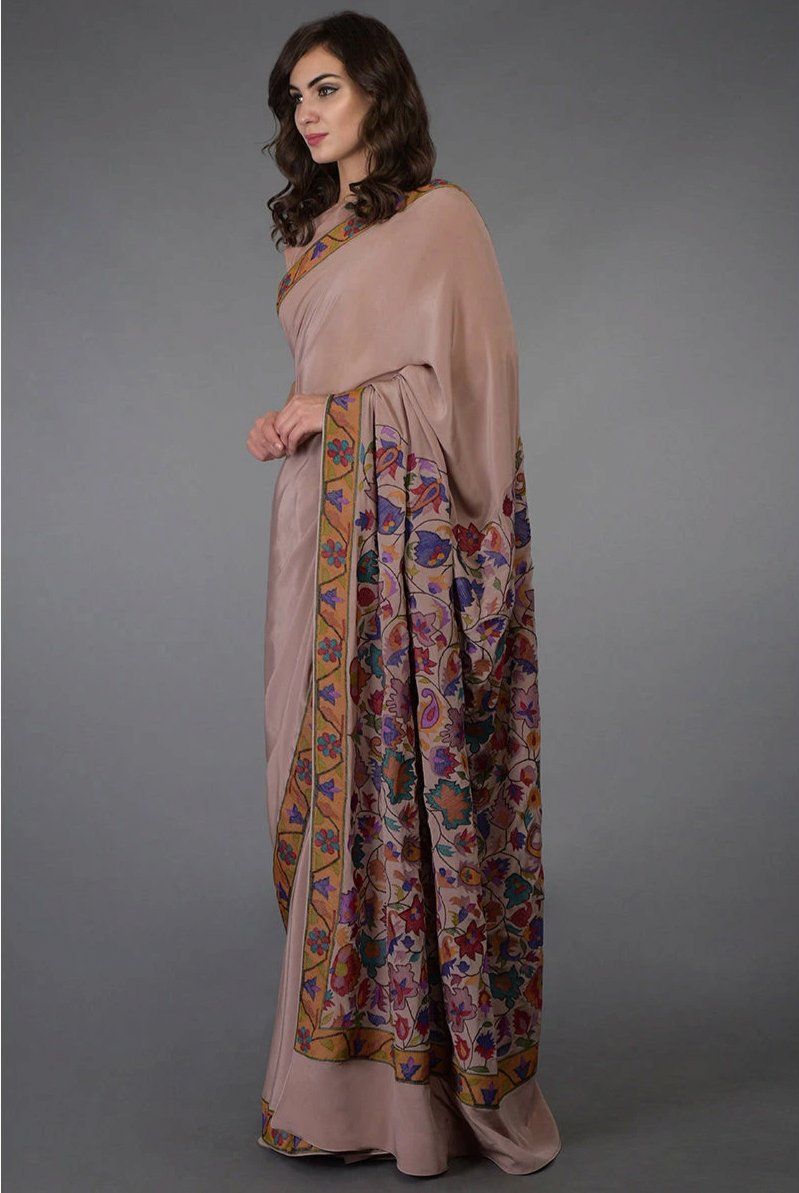 Saree in Dusty Rose Pink Featured in Kashmiri Art Embroidered Print - Indian Clothing in Denver, CO, Aurora, CO, Boulder, CO, Fort Collins, CO, Colorado Springs, CO, Parker, CO, Highlands Ranch, CO, Cherry Creek, CO, Centennial, CO, and Longmont, CO. Nationwide shipping USA - India Fashion X