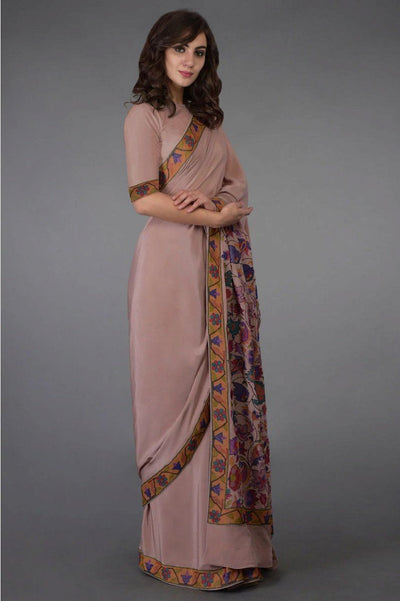 Saree in Dusty Rose Pink Featured in Kashmiri Art Embroidered Print - Indian Clothing in Denver, CO, Aurora, CO, Boulder, CO, Fort Collins, CO, Colorado Springs, CO, Parker, CO, Highlands Ranch, CO, Cherry Creek, CO, Centennial, CO, and Longmont, CO. Nationwide shipping USA - India Fashion X