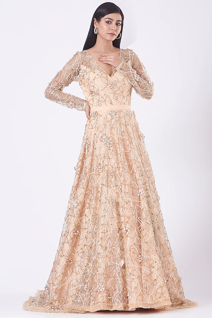 Peach Embroidered Gown Indian Clothing in Denver, CO, Aurora, CO, Boulder, CO, Fort Collins, CO, Colorado Springs, CO, Parker, CO, Highlands Ranch, CO, Cherry Creek, CO, Centennial, CO, and Longmont, CO. NATIONWIDE SHIPPING USA- India Fashion X