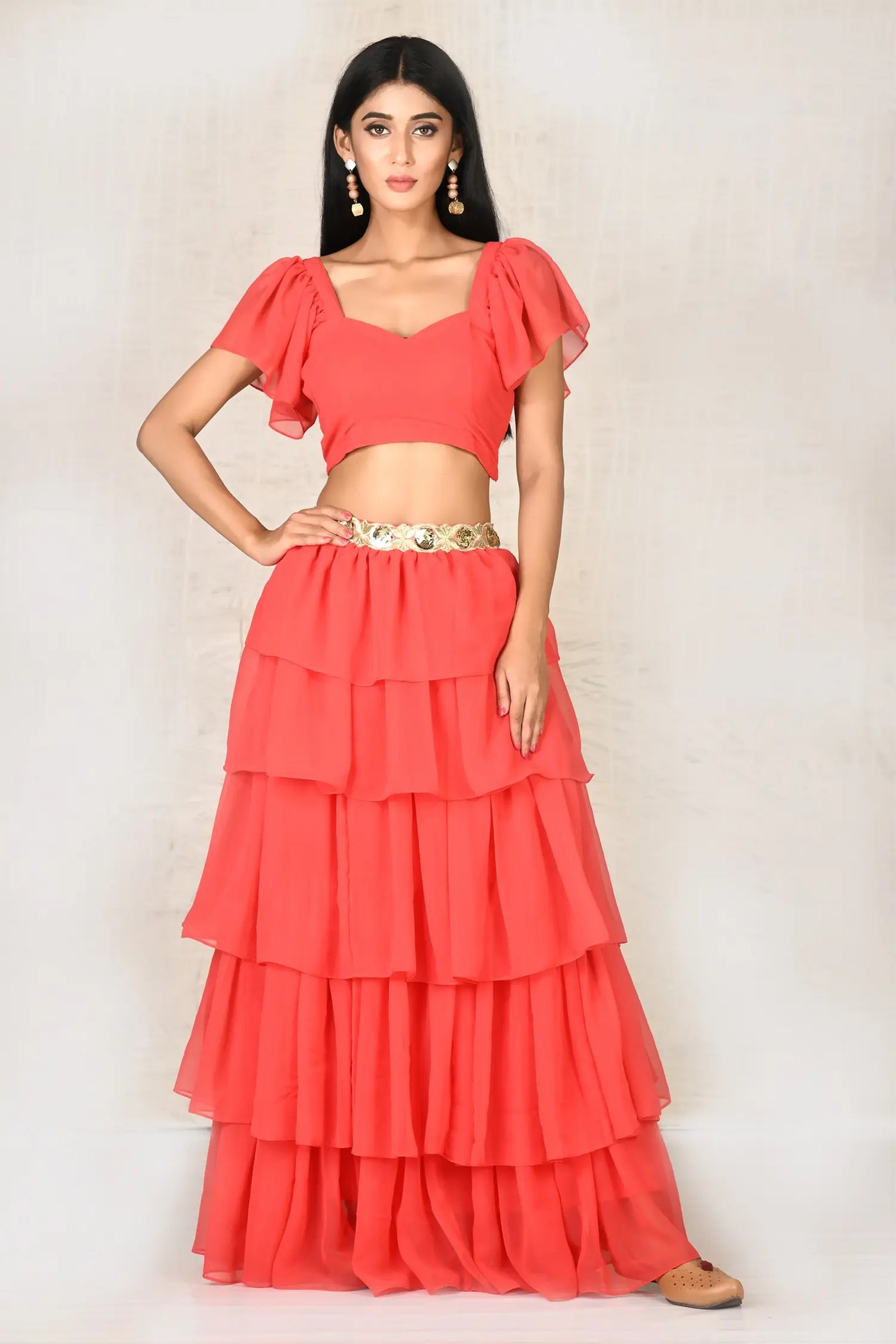 Red Crop Top Skirt Set
