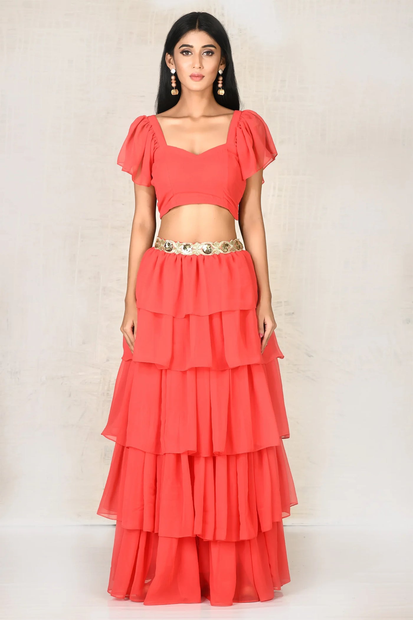 Red Crop Top Skirt Set - Indian Clothing in Denver, CO, Aurora, CO, Boulder, CO, Fort Collins, CO, Colorado Springs, CO, Parker, CO, Highlands Ranch, CO, Cherry Creek, CO, Centennial, CO, and Longmont, CO. Nationwide shipping USA - India Fashion X