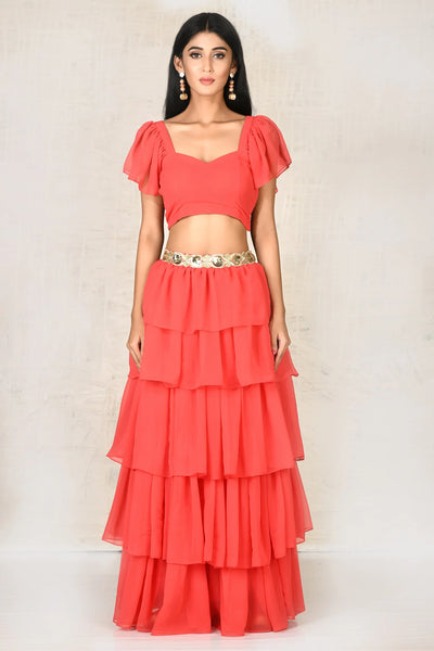 Red Crop Top Skirt Set - Indian Clothing in Denver, CO, Aurora, CO, Boulder, CO, Fort Collins, CO, Colorado Springs, CO, Parker, CO, Highlands Ranch, CO, Cherry Creek, CO, Centennial, CO, and Longmont, CO. Nationwide shipping USA - India Fashion X