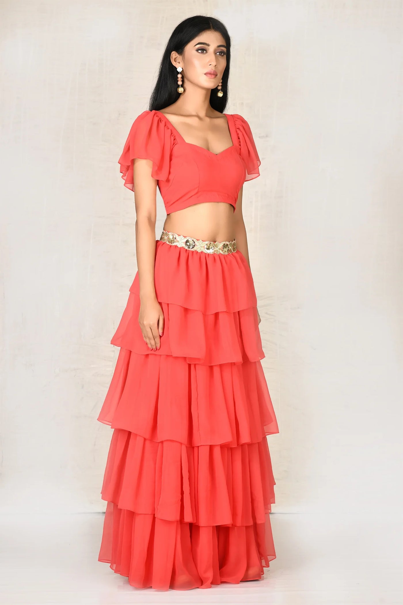Red Crop Top Skirt Set - Indian Clothing in Denver, CO, Aurora, CO, Boulder, CO, Fort Collins, CO, Colorado Springs, CO, Parker, CO, Highlands Ranch, CO, Cherry Creek, CO, Centennial, CO, and Longmont, CO. Nationwide shipping USA - India Fashion X