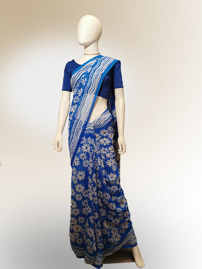 Saree in Blue with White Floral Print Indian Clothing in Denver, CO, Aurora, CO, Boulder, CO, Fort Collins, CO, Colorado Springs, CO, Parker, CO, Highlands Ranch, CO, Cherry Creek, CO, Centennial, CO, and Longmont, CO. NATIONWIDE SHIPPING USA- India Fashion X
