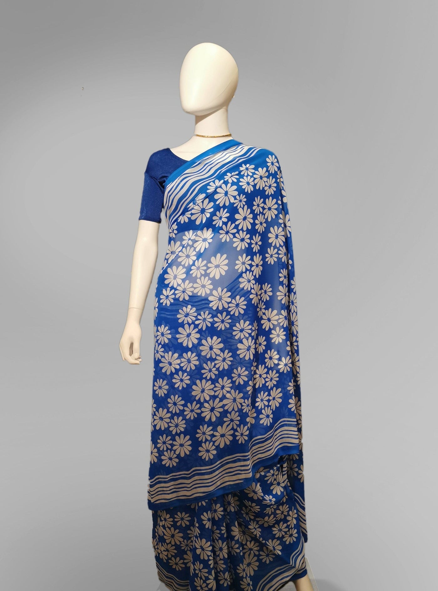 Saree in Blue with White Floral Print Indian Clothing in Denver, CO, Aurora, CO, Boulder, CO, Fort Collins, CO, Colorado Springs, CO, Parker, CO, Highlands Ranch, CO, Cherry Creek, CO, Centennial, CO, and Longmont, CO. NATIONWIDE SHIPPING USA- India Fashion X