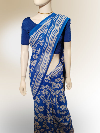 Saree in Blue with White Floral Print Indian Clothing in Denver, CO, Aurora, CO, Boulder, CO, Fort Collins, CO, Colorado Springs, CO, Parker, CO, Highlands Ranch, CO, Cherry Creek, CO, Centennial, CO, and Longmont, CO. NATIONWIDE SHIPPING USA- India Fashion X