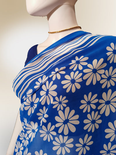 Saree in Blue with White Floral Print Indian Clothing in Denver, CO, Aurora, CO, Boulder, CO, Fort Collins, CO, Colorado Springs, CO, Parker, CO, Highlands Ranch, CO, Cherry Creek, CO, Centennial, CO, and Longmont, CO. NATIONWIDE SHIPPING USA- India Fashion X