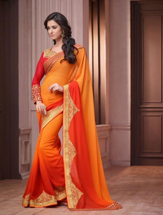orange blended saree with gold embroidery - Indian Clothing in Denver, CO, Aurora, CO, Boulder, CO, Fort Collins, CO, Colorado Springs, CO, Parker, CO, Highlands Ranch, CO, Cherry Creek, CO, Centennial, CO, and Longmont, CO. Nationwide shipping USA - India Fashion X