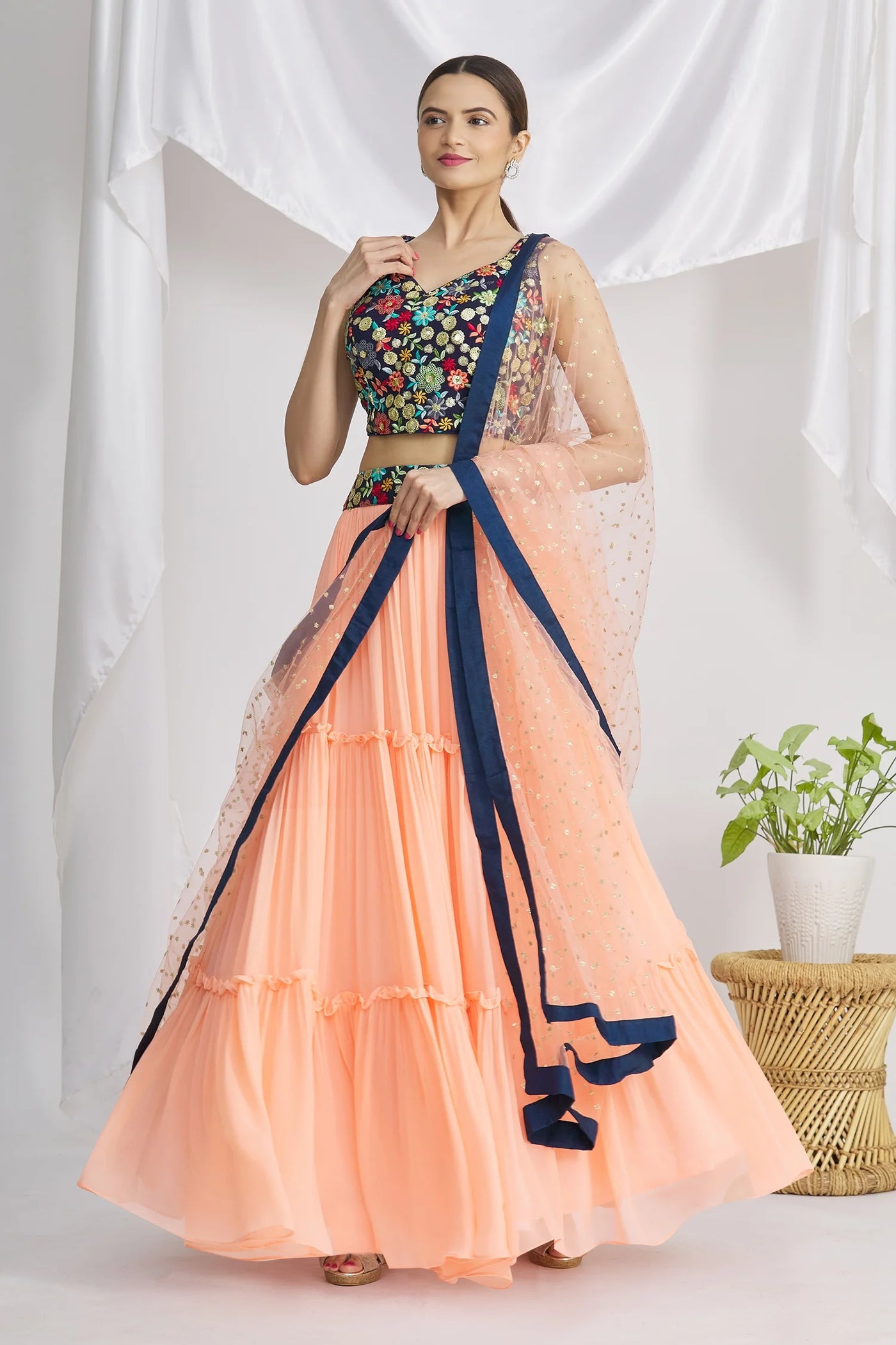 Peach Ruffle Lehenga Set Indian Clothing in Denver, CO, Aurora, CO, Boulder, CO, Fort Collins, CO, Colorado Springs, CO, Parker, CO, Highlands Ranch, CO, Cherry Creek, CO, Centennial, CO, and Longmont, CO. NATIONWIDE SHIPPING USA- India Fashion X