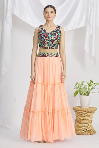 Peach Ruffle Lehenga Set Indian Clothing in Denver, CO, Aurora, CO, Boulder, CO, Fort Collins, CO, Colorado Springs, CO, Parker, CO, Highlands Ranch, CO, Cherry Creek, CO, Centennial, CO, and Longmont, CO. NATIONWIDE SHIPPING USA- India Fashion X