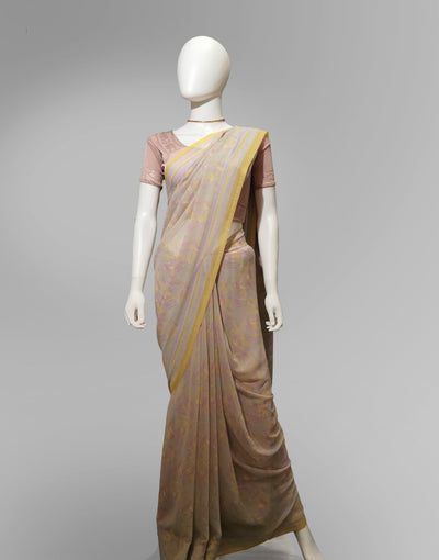 Saree in Light Peach Pink and Yellow with Traditional Print Indian Clothing in Denver, CO, Aurora, CO, Boulder, CO, Fort Collins, CO, Colorado Springs, CO, Parker, CO, Highlands Ranch, CO, Cherry Creek, CO, Centennial, CO, and Longmont, CO. NATIONWIDE SHIPPING USA- India Fashion X