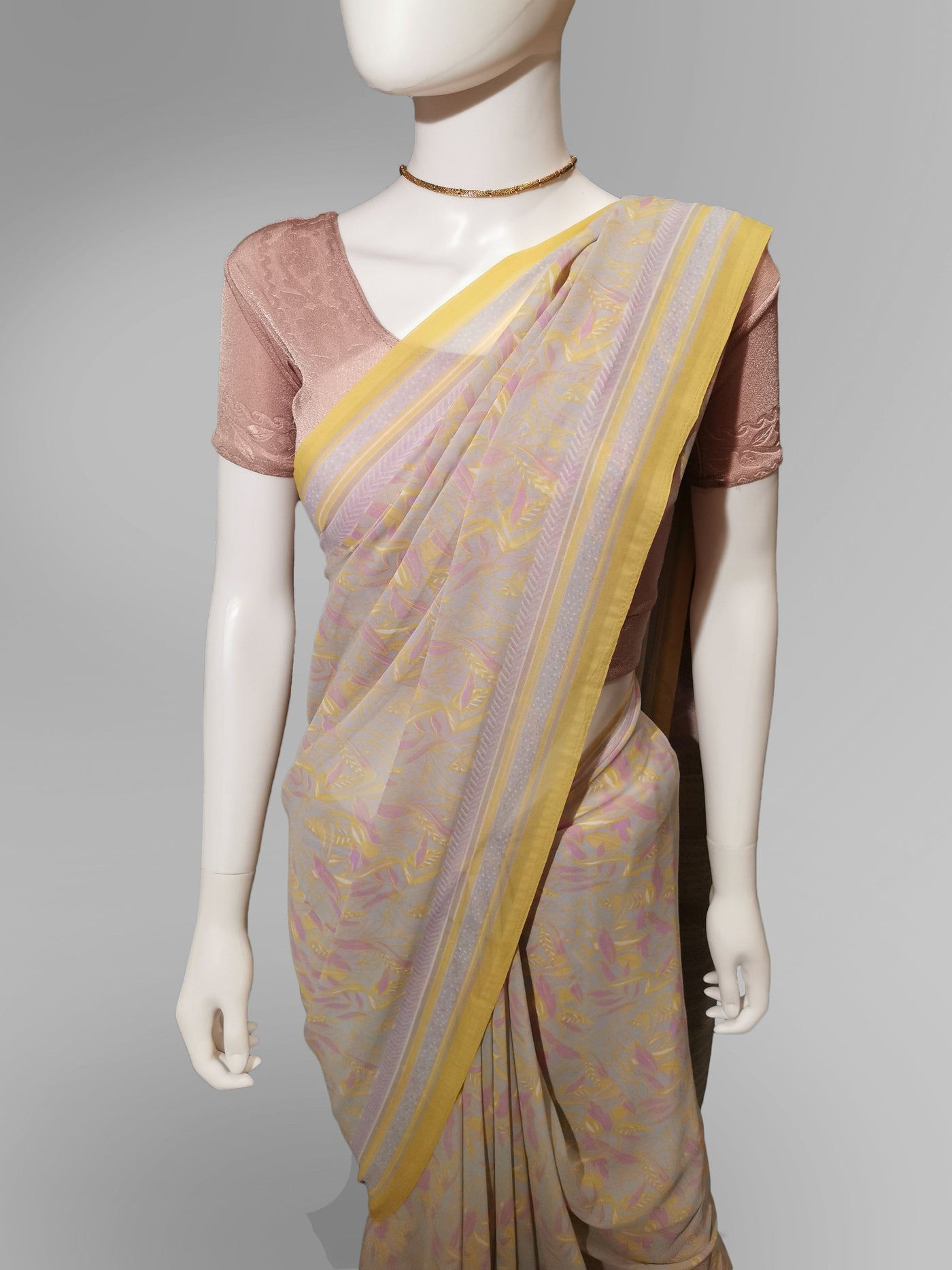 Saree in Light Peach Pink and Yellow with Traditional Print Indian Clothing in Denver, CO, Aurora, CO, Boulder, CO, Fort Collins, CO, Colorado Springs, CO, Parker, CO, Highlands Ranch, CO, Cherry Creek, CO, Centennial, CO, and Longmont, CO. NATIONWIDE SHIPPING USA- India Fashion X