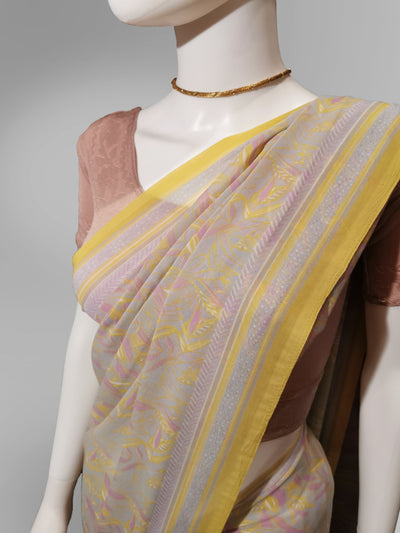 Saree in Light Peach Pink and Yellow with Traditional Print Indian Clothing in Denver, CO, Aurora, CO, Boulder, CO, Fort Collins, CO, Colorado Springs, CO, Parker, CO, Highlands Ranch, CO, Cherry Creek, CO, Centennial, CO, and Longmont, CO. NATIONWIDE SHIPPING USA- India Fashion X