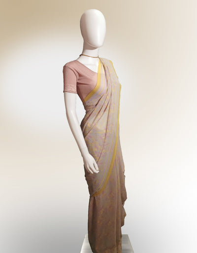 Saree in Light Peach Pink and Yellow with Traditional Print Indian Clothing in Denver, CO, Aurora, CO, Boulder, CO, Fort Collins, CO, Colorado Springs, CO, Parker, CO, Highlands Ranch, CO, Cherry Creek, CO, Centennial, CO, and Longmont, CO. NATIONWIDE SHIPPING USA- India Fashion X