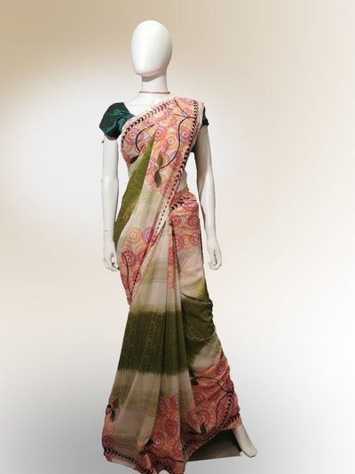 Saree in Green and Pink with Multi Patterned Print Indian Clothing in Denver, CO, Aurora, CO, Boulder, CO, Fort Collins, CO, Colorado Springs, CO, Parker, CO, Highlands Ranch, CO, Cherry Creek, CO, Centennial, CO, and Longmont, CO. NATIONWIDE SHIPPING USA- India Fashion X