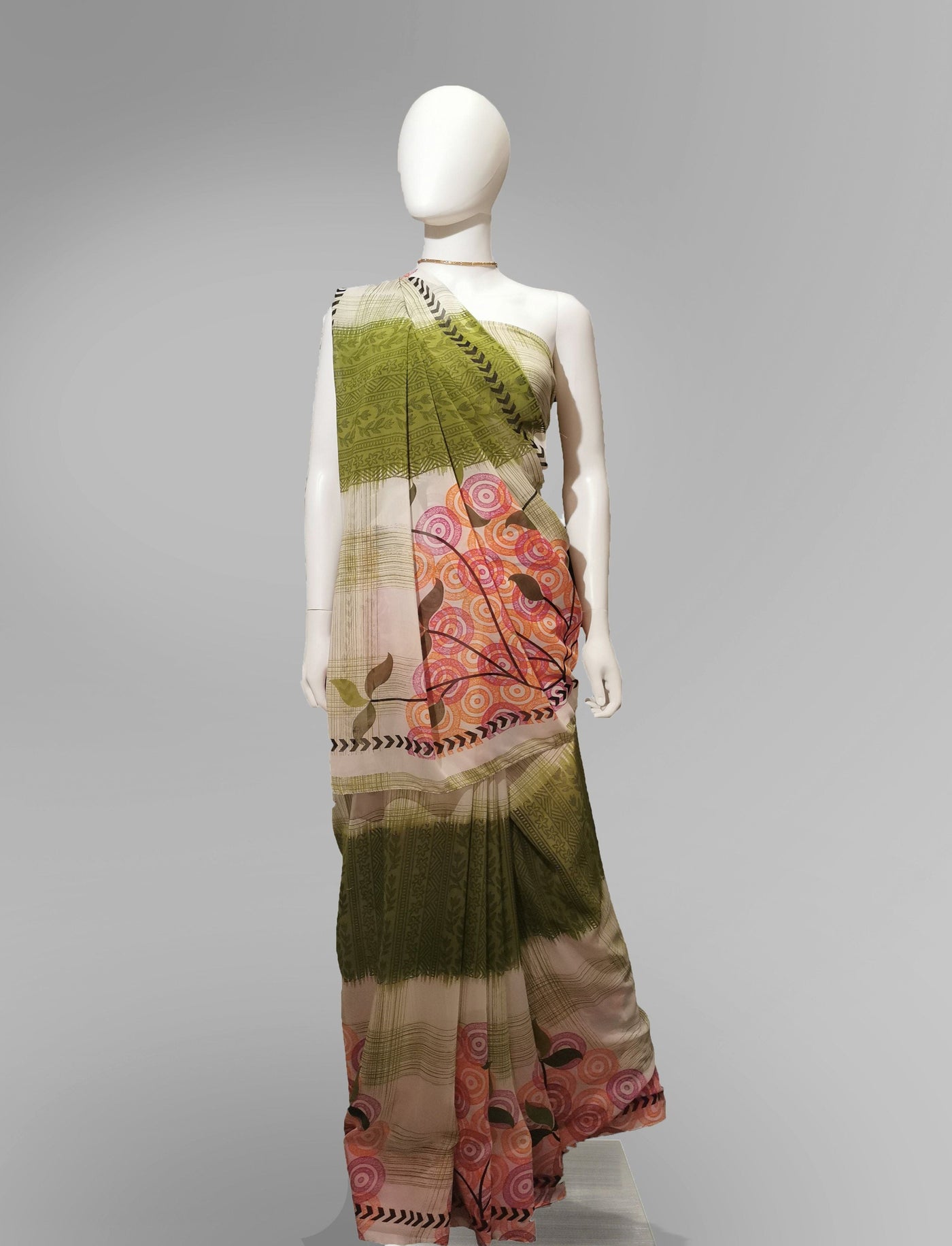 Saree in Green and Pink with Multi Patterned Print Indian Clothing in Denver, CO, Aurora, CO, Boulder, CO, Fort Collins, CO, Colorado Springs, CO, Parker, CO, Highlands Ranch, CO, Cherry Creek, CO, Centennial, CO, and Longmont, CO. NATIONWIDE SHIPPING USA- India Fashion X