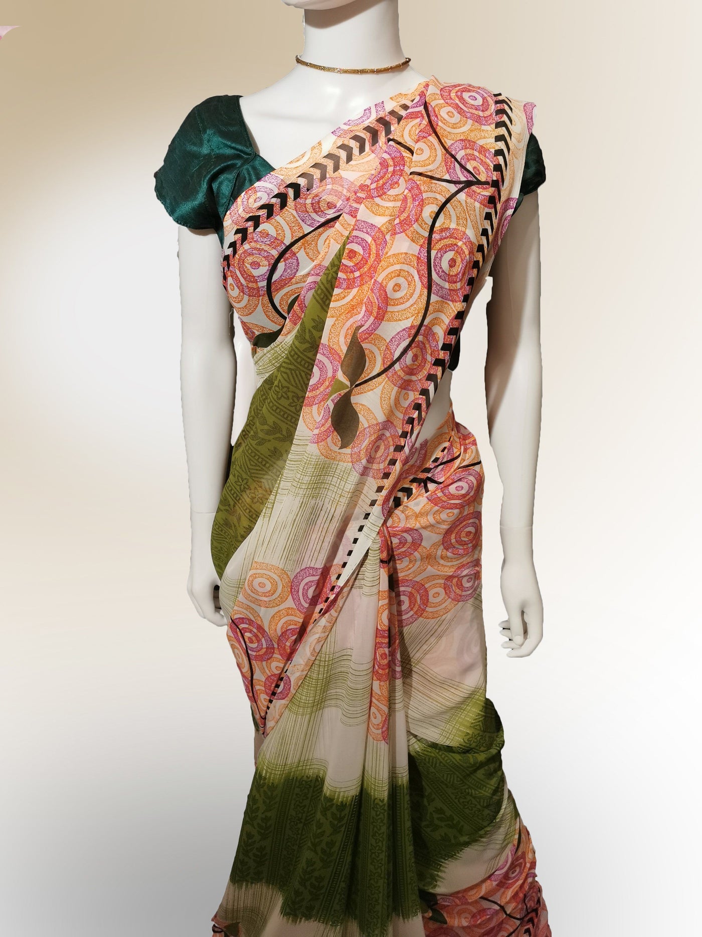 Saree in Green and Pink with Multi Patterned Print Indian Clothing in Denver, CO, Aurora, CO, Boulder, CO, Fort Collins, CO, Colorado Springs, CO, Parker, CO, Highlands Ranch, CO, Cherry Creek, CO, Centennial, CO, and Longmont, CO. NATIONWIDE SHIPPING USA- India Fashion X