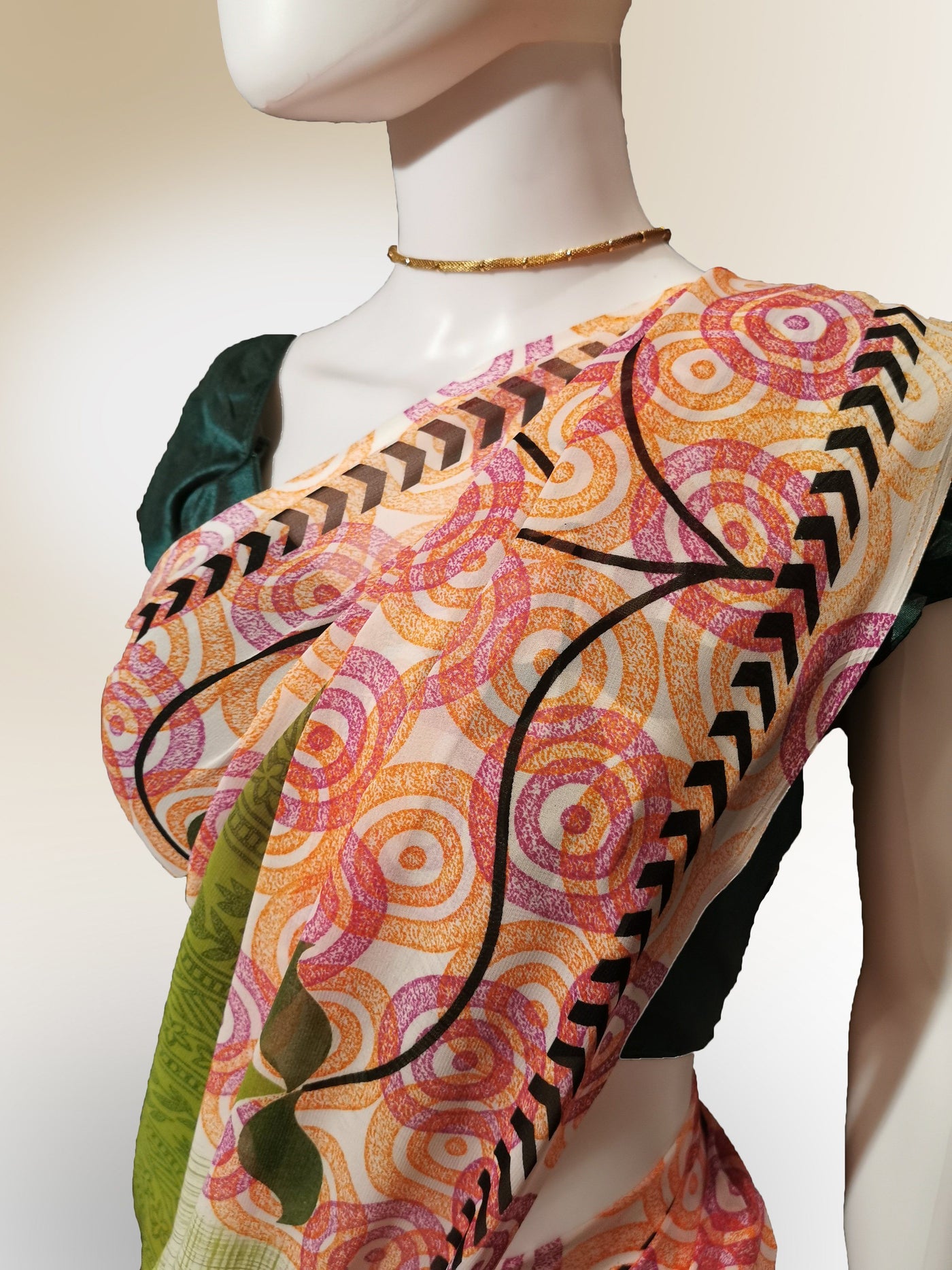 Saree in Green and Pink with Multi Patterned Print Indian Clothing in Denver, CO, Aurora, CO, Boulder, CO, Fort Collins, CO, Colorado Springs, CO, Parker, CO, Highlands Ranch, CO, Cherry Creek, CO, Centennial, CO, and Longmont, CO. NATIONWIDE SHIPPING USA- India Fashion X