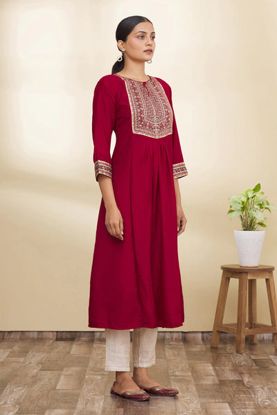 Maroon Floral Design Kurta - Indian Clothing in Denver, CO, Aurora, CO, Boulder, CO, Fort Collins, CO, Colorado Springs, CO, Parker, CO, Highlands Ranch, CO, Cherry Creek, CO, Centennial, CO, and Longmont, CO. Nationwide shipping USA - India Fashion X