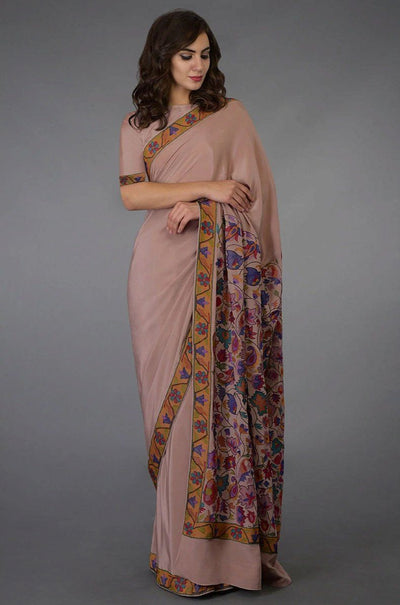 Saree in Dusty Rose Pink Featured in Kashmiri Art Embroidered Print - Indian Clothing in Denver, CO, Aurora, CO, Boulder, CO, Fort Collins, CO, Colorado Springs, CO, Parker, CO, Highlands Ranch, CO, Cherry Creek, CO, Centennial, CO, and Longmont, CO. Nationwide shipping USA - India Fashion X