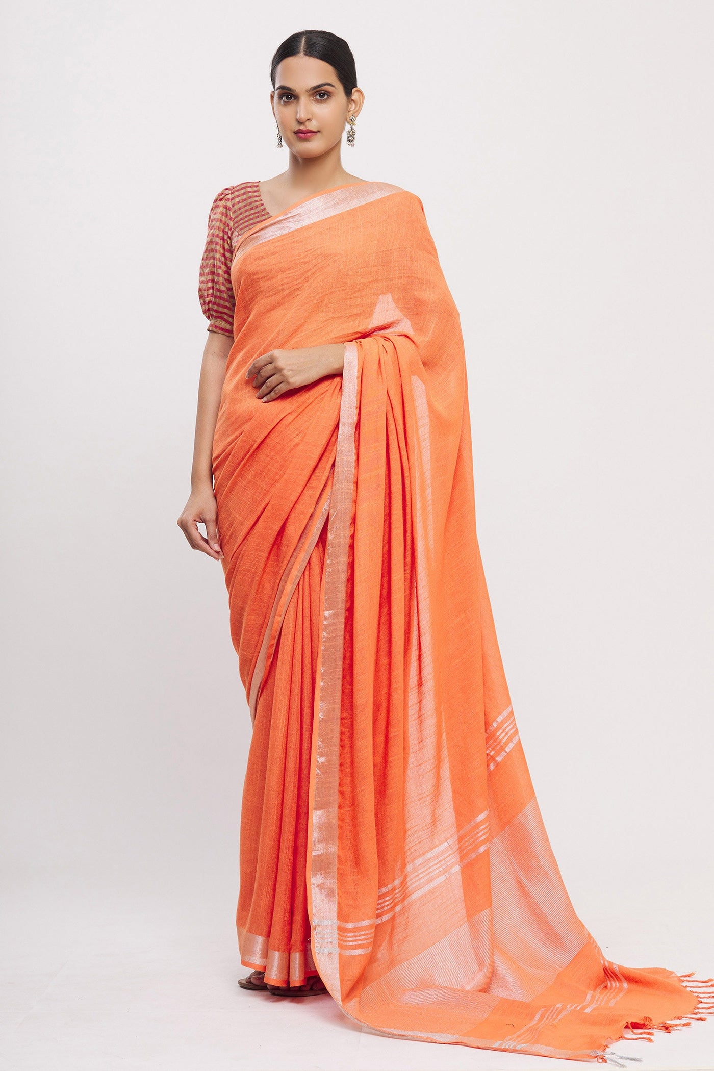 Orange Linen Blend Saree - Indian Clothing in Denver, CO, Aurora, CO, Boulder, CO, Fort Collins, CO, Colorado Springs, CO, Parker, CO, Highlands Ranch, CO, Cherry Creek, CO, Centennial, CO, and Longmont, CO. Nationwide shipping USA - India Fashion X