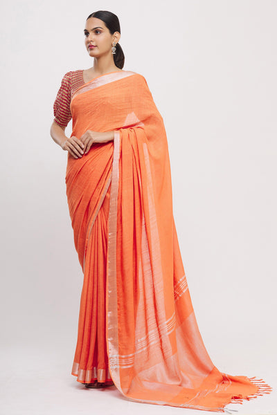 Orange Linen Blend Saree - Indian Clothing in Denver, CO, Aurora, CO, Boulder, CO, Fort Collins, CO, Colorado Springs, CO, Parker, CO, Highlands Ranch, CO, Cherry Creek, CO, Centennial, CO, and Longmont, CO. Nationwide shipping USA - India Fashion X
