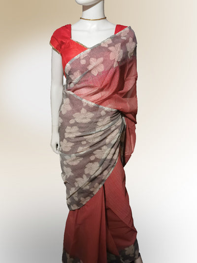 Saree in Soft Red with Gray Floral Print Along Border Indian Clothing in Denver, CO, Aurora, CO, Boulder, CO, Fort Collins, CO, Colorado Springs, CO, Parker, CO, Highlands Ranch, CO, Cherry Creek, CO, Centennial, CO, and Longmont, CO. NATIONWIDE SHIPPING USA- India Fashion X