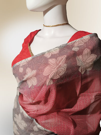 Saree in Soft Red with Gray Floral Print Along Border Indian Clothing in Denver, CO, Aurora, CO, Boulder, CO, Fort Collins, CO, Colorado Springs, CO, Parker, CO, Highlands Ranch, CO, Cherry Creek, CO, Centennial, CO, and Longmont, CO. NATIONWIDE SHIPPING USA- India Fashion X