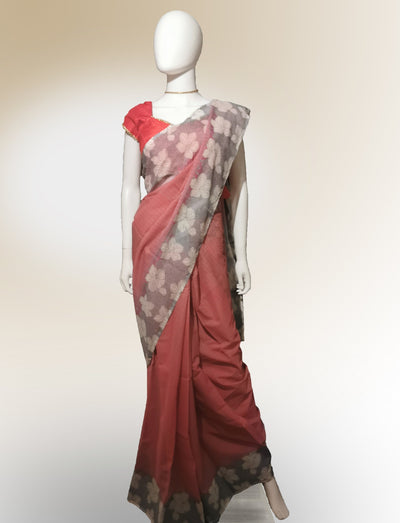 Saree in Soft Red with Gray Floral Print Along Border Indian Clothing in Denver, CO, Aurora, CO, Boulder, CO, Fort Collins, CO, Colorado Springs, CO, Parker, CO, Highlands Ranch, CO, Cherry Creek, CO, Centennial, CO, and Longmont, CO. NATIONWIDE SHIPPING USA- India Fashion X