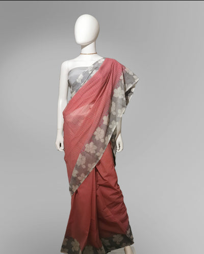 Saree in Soft Red with Gray Floral Print Along Border Indian Clothing in Denver, CO, Aurora, CO, Boulder, CO, Fort Collins, CO, Colorado Springs, CO, Parker, CO, Highlands Ranch, CO, Cherry Creek, CO, Centennial, CO, and Longmont, CO. NATIONWIDE SHIPPING USA- India Fashion X