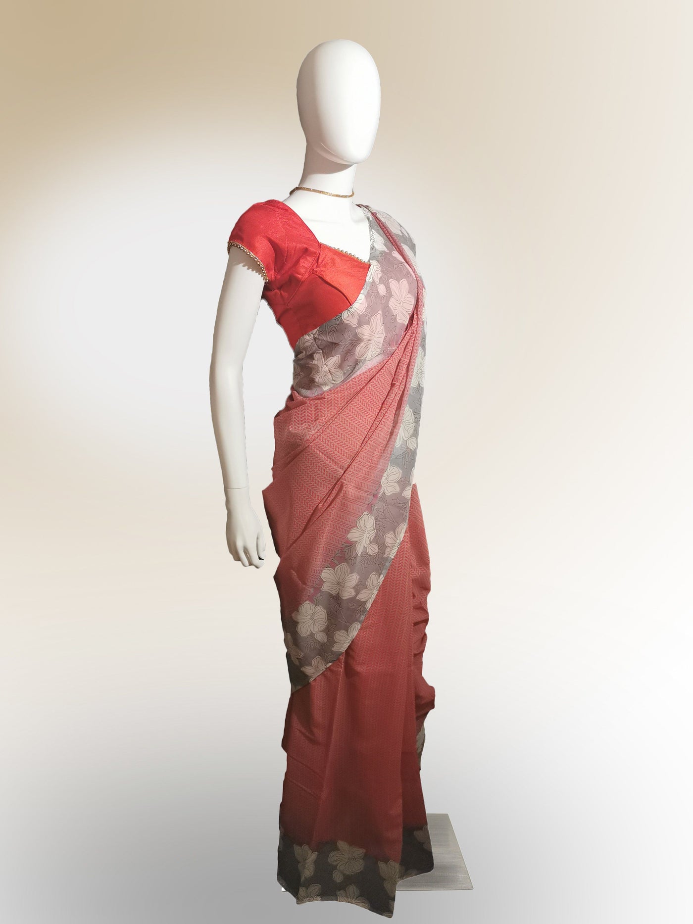 Saree in Soft Red with Gray Floral Print Along Border Indian Clothing in Denver, CO, Aurora, CO, Boulder, CO, Fort Collins, CO, Colorado Springs, CO, Parker, CO, Highlands Ranch, CO, Cherry Creek, CO, Centennial, CO, and Longmont, CO. NATIONWIDE SHIPPING USA- India Fashion X