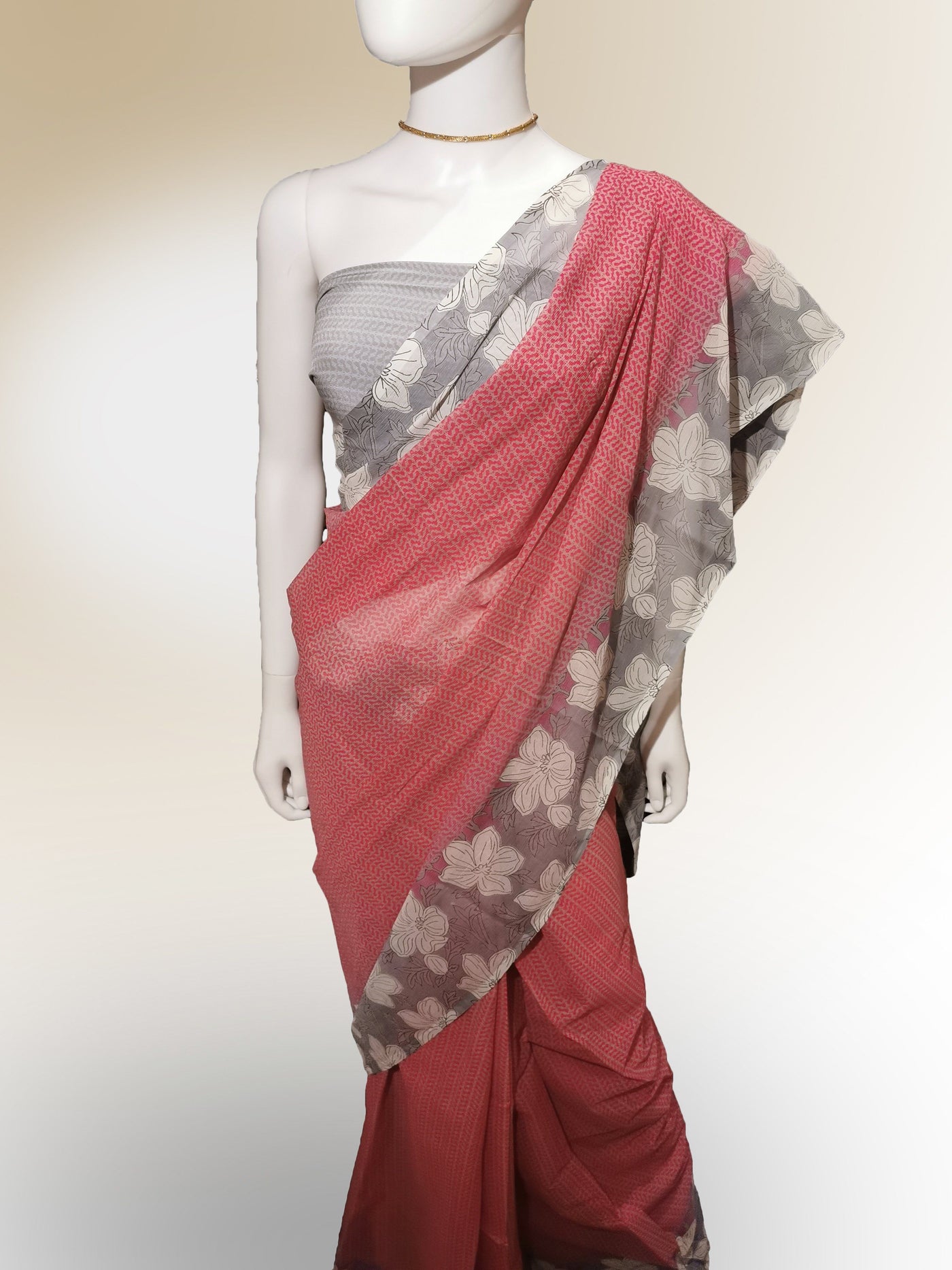 Saree in Soft Red with Gray Floral Print Along Border Indian Clothing in Denver, CO, Aurora, CO, Boulder, CO, Fort Collins, CO, Colorado Springs, CO, Parker, CO, Highlands Ranch, CO, Cherry Creek, CO, Centennial, CO, and Longmont, CO. NATIONWIDE SHIPPING USA- India Fashion X