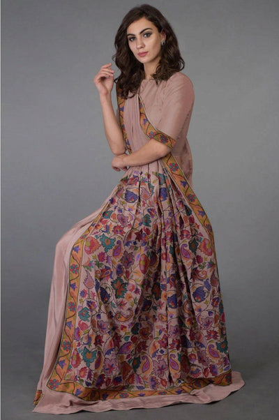 Saree in Dusty Rose Pink Featured in Kashmiri Art Embroidered Print - Indian Clothing in Denver, CO, Aurora, CO, Boulder, CO, Fort Collins, CO, Colorado Springs, CO, Parker, CO, Highlands Ranch, CO, Cherry Creek, CO, Centennial, CO, and Longmont, CO. Nationwide shipping USA - India Fashion X