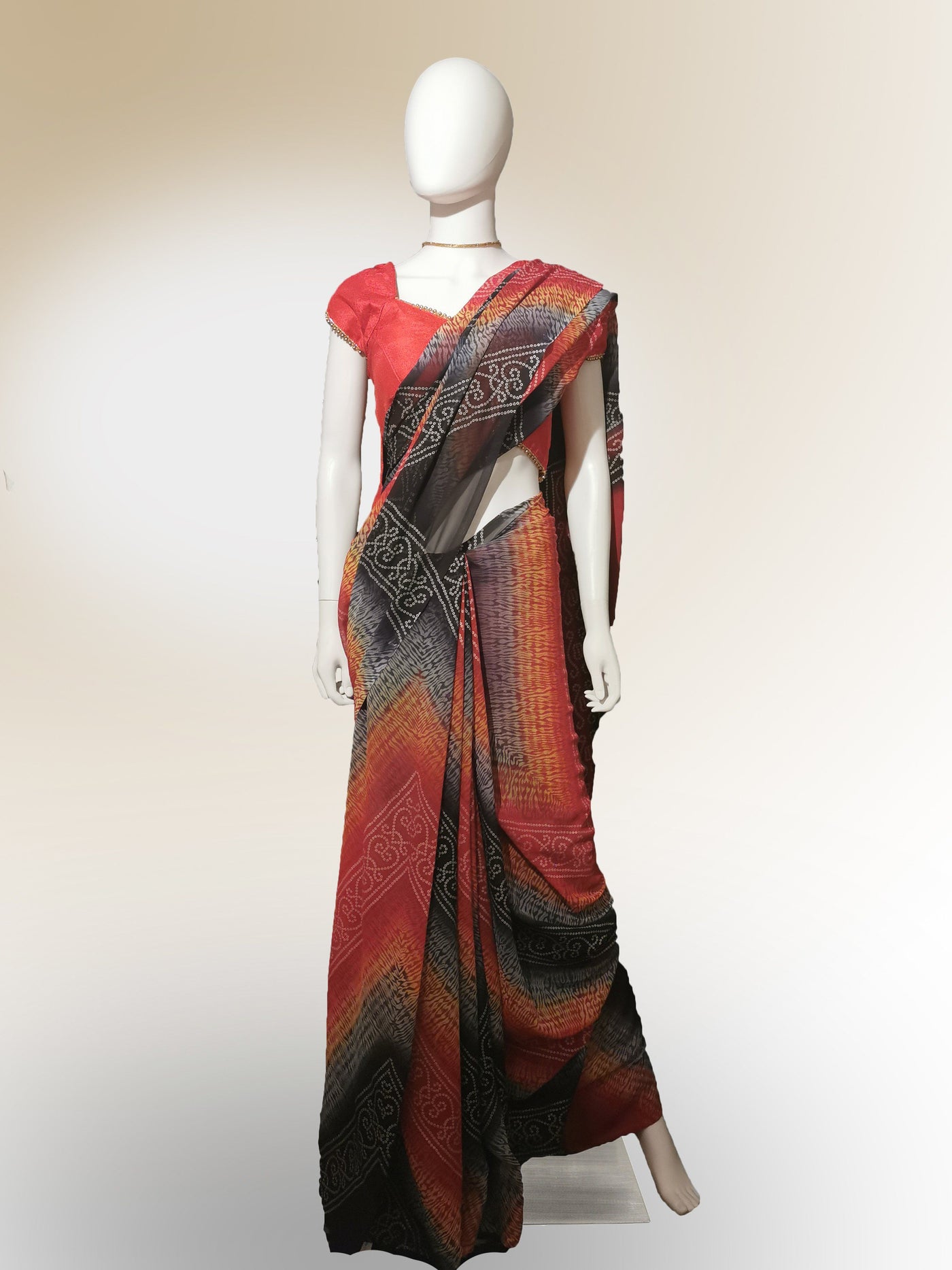 Saree in Fiery Red blend and Black with Henna Print Indian Clothing in Denver, CO, Aurora, CO, Boulder, CO, Fort Collins, CO, Colorado Springs, CO, Parker, CO, Highlands Ranch, CO, Cherry Creek, CO, Centennial, CO, and Longmont, CO. NATIONWIDE SHIPPING USA- India Fashion X