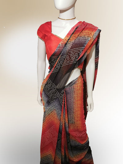 Saree in Fiery Red blend and Black with Henna Print Indian Clothing in Denver, CO, Aurora, CO, Boulder, CO, Fort Collins, CO, Colorado Springs, CO, Parker, CO, Highlands Ranch, CO, Cherry Creek, CO, Centennial, CO, and Longmont, CO. NATIONWIDE SHIPPING USA- India Fashion X