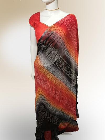 Saree in Fiery Red blend and Black with Henna Print Indian Clothing in Denver, CO, Aurora, CO, Boulder, CO, Fort Collins, CO, Colorado Springs, CO, Parker, CO, Highlands Ranch, CO, Cherry Creek, CO, Centennial, CO, and Longmont, CO. NATIONWIDE SHIPPING USA- India Fashion X