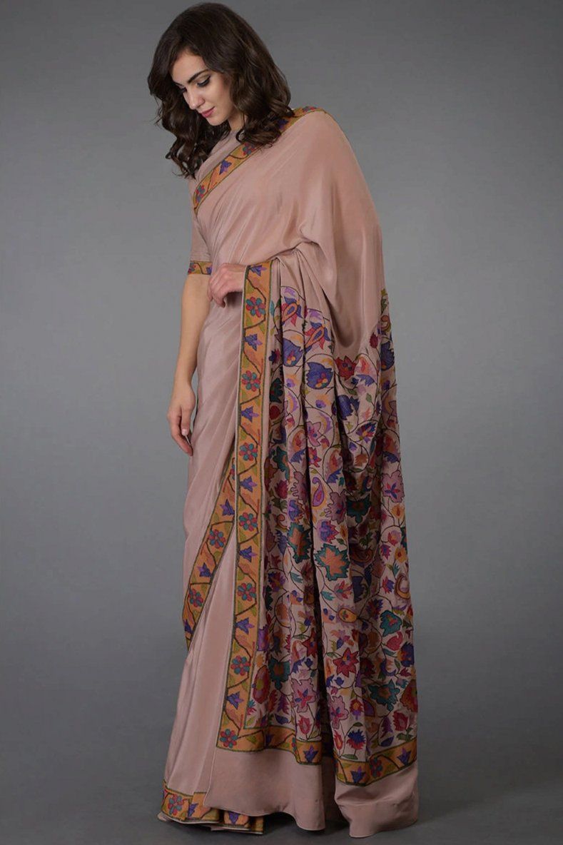 Saree in Dusty Rose Pink Featured in Kashmiri Art Embroidered Print - Indian Clothing in Denver, CO, Aurora, CO, Boulder, CO, Fort Collins, CO, Colorado Springs, CO, Parker, CO, Highlands Ranch, CO, Cherry Creek, CO, Centennial, CO, and Longmont, CO. Nationwide shipping USA - India Fashion X