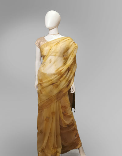 Saree in Golden Yellow with Brushed Floral Print Indian Clothing in Denver, CO, Aurora, CO, Boulder, CO, Fort Collins, CO, Colorado Springs, CO, Parker, CO, Highlands Ranch, CO, Cherry Creek, CO, Centennial, CO, and Longmont, CO. NATIONWIDE SHIPPING USA- India Fashion X