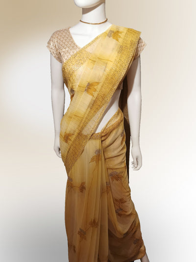 Saree in Golden Yellow with Brushed Floral Print Indian Clothing in Denver, CO, Aurora, CO, Boulder, CO, Fort Collins, CO, Colorado Springs, CO, Parker, CO, Highlands Ranch, CO, Cherry Creek, CO, Centennial, CO, and Longmont, CO. NATIONWIDE SHIPPING USA- India Fashion X