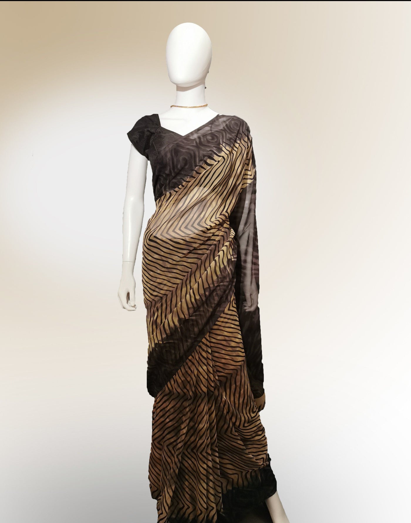 Saree in Coffee Brown with Striped Print Design Indian Clothing in Denver, CO, Aurora, CO, Boulder, CO, Fort Collins, CO, Colorado Springs, CO, Parker, CO, Highlands Ranch, CO, Cherry Creek, CO, Centennial, CO, and Longmont, CO. NATIONWIDE SHIPPING USA- India Fashion X