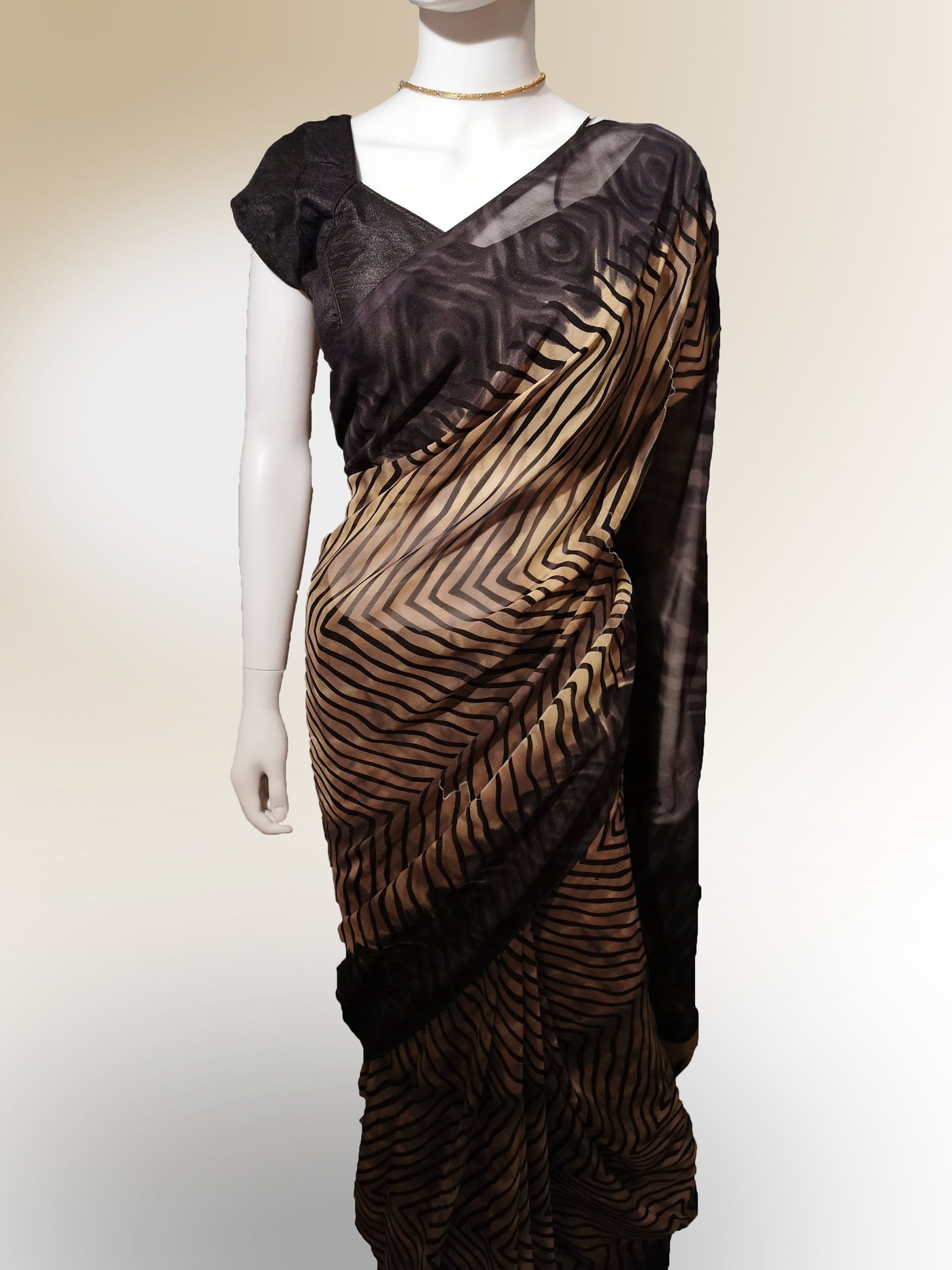 Saree in Coffee Brown with Striped Print Design Indian Clothing in Denver, CO, Aurora, CO, Boulder, CO, Fort Collins, CO, Colorado Springs, CO, Parker, CO, Highlands Ranch, CO, Cherry Creek, CO, Centennial, CO, and Longmont, CO. NATIONWIDE SHIPPING USA- India Fashion X